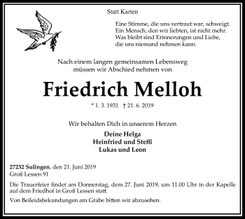 Traueranzeige von Friedrich Melloh von SYK