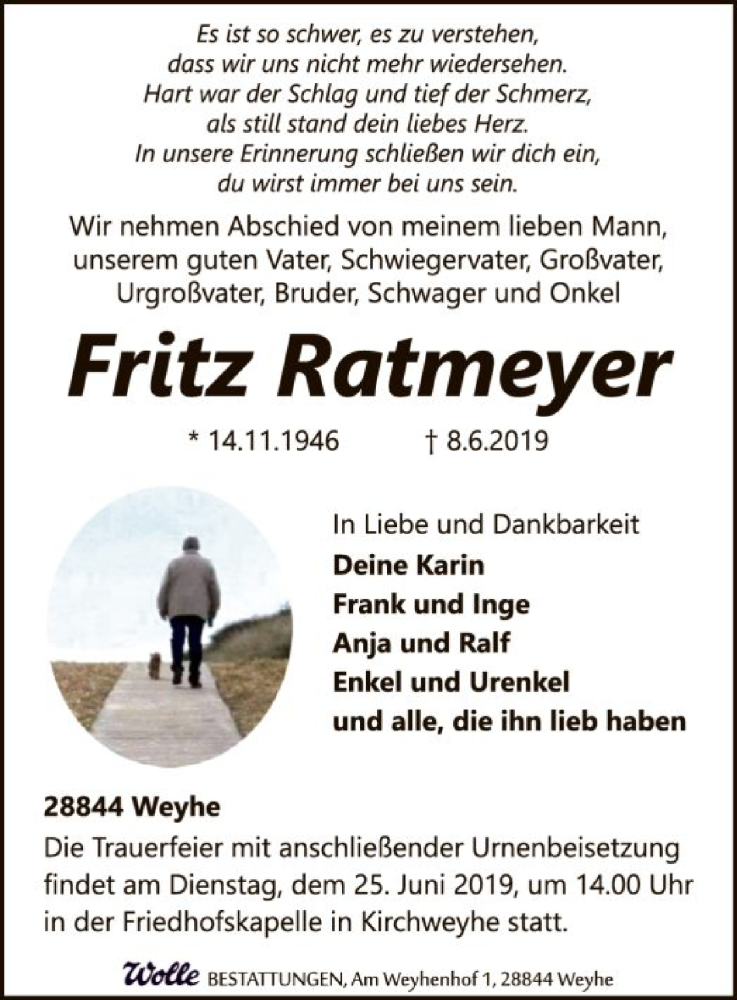  Traueranzeige für Fritz Ratmeyer vom 15.06.2019 aus SYK