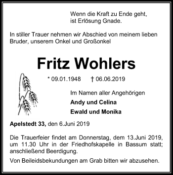 Traueranzeige von Fritz Wohlers von SYK