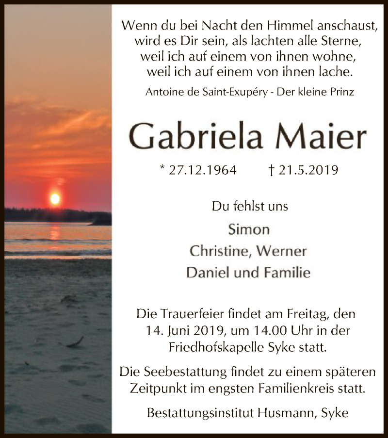  Traueranzeige für Gabriela Maier vom 08.06.2019 aus SYK