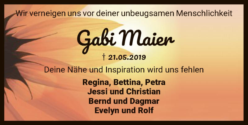  Traueranzeige für Gabriela Maier vom 08.06.2019 aus SYK