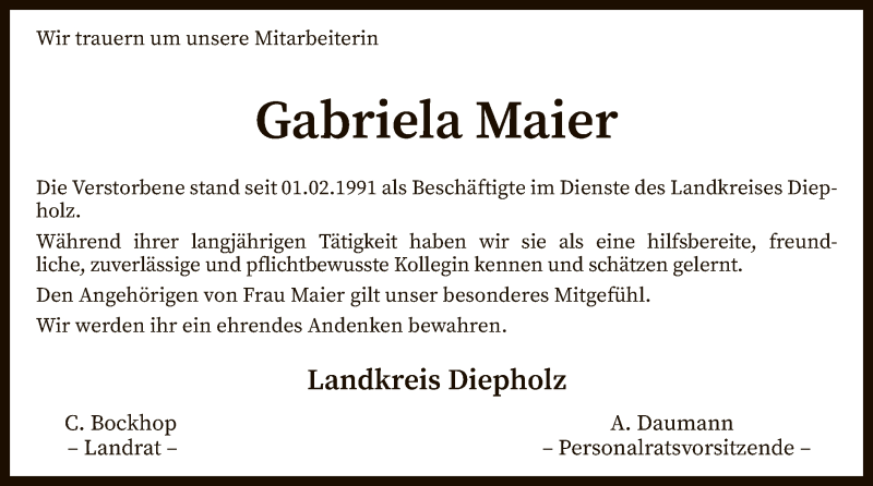  Traueranzeige für Gabriela Maier vom 08.06.2019 aus SYK