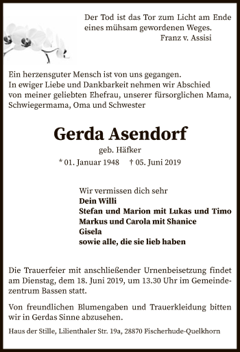 Traueranzeige von Gerda Asendorf von SYK