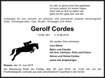 Traueranzeige von Gerolf Cordes von SYK