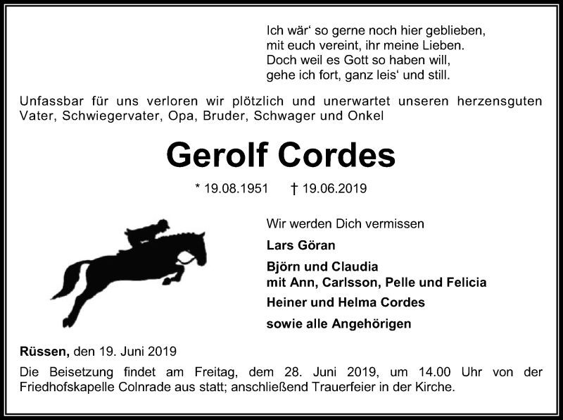  Traueranzeige für Gerolf Cordes vom 22.06.2019 aus SYK