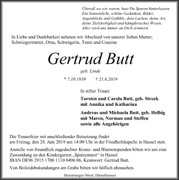 Traueranzeige von Gertrud Butt von SYK