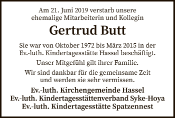 Traueranzeige von Gertrud Butt von SYK