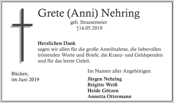 Traueranzeige von Grete Nehring von SYK