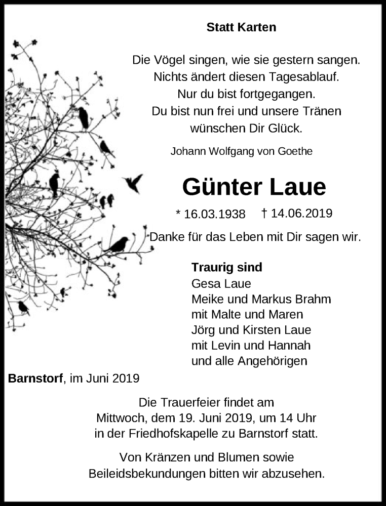  Traueranzeige für Günter Laue vom 17.06.2019 aus SYK