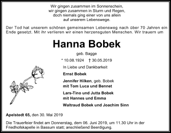 Traueranzeige von Hanna Bobek von SYK