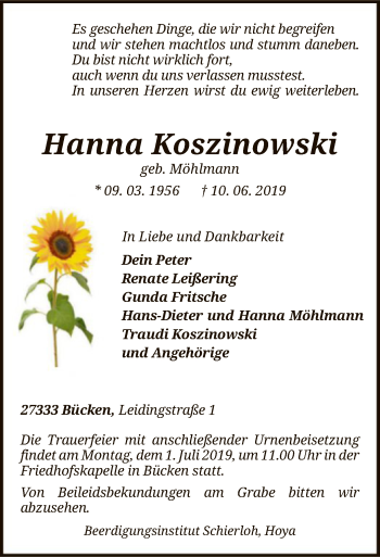 Traueranzeige von Hanna Koszinowski von SYK