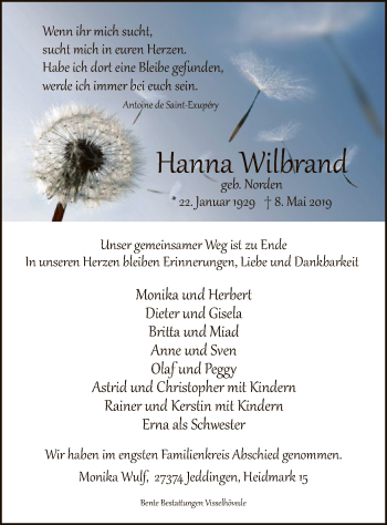 Traueranzeige von Hanna Wilbrand von SYK