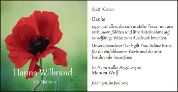 Traueranzeige von Hanna Wilbrand von SYK