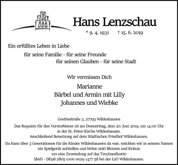 Traueranzeige von Hans Lenzschau von SYK