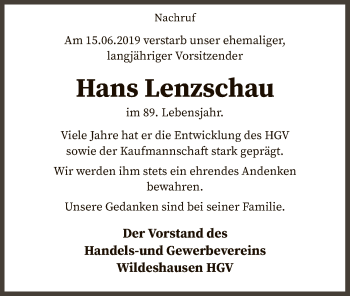 Traueranzeige von Hans Lenzschau von SYK
