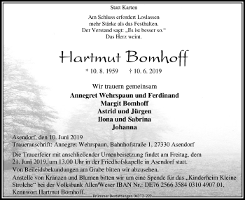 Traueranzeige von Hartmut Bomhoff von SYK