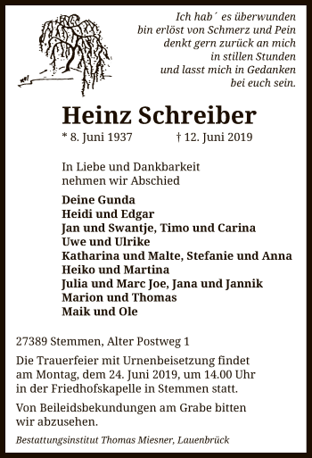 Traueranzeige von Heinz Schreiber von SYK