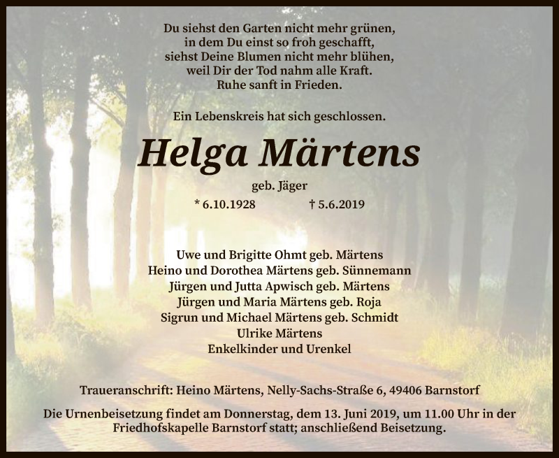  Traueranzeige für Helga Märtens vom 08.06.2019 aus SYK