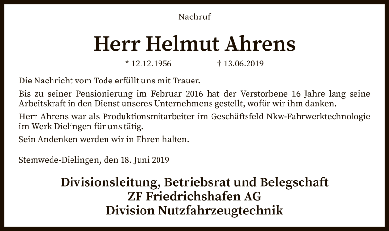  Traueranzeige für Helmut Ahrens vom 19.06.2019 aus SYK