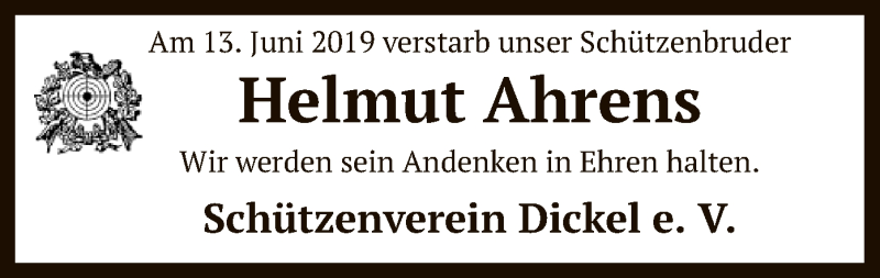  Traueranzeige für Helmut Ahrens vom 21.06.2019 aus SYK