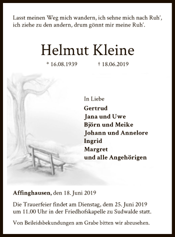 Traueranzeige von Helmut Kleine von SYK