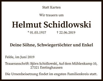 Traueranzeige von Helmut Schidlowski von SYK