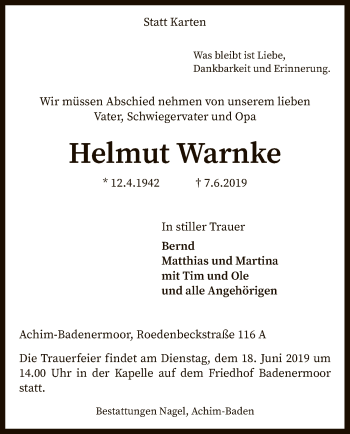 Traueranzeige von Helmut Warnke von SYK