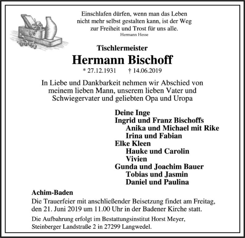  Traueranzeige für Hermann Bischoff vom 18.06.2019 aus SYK