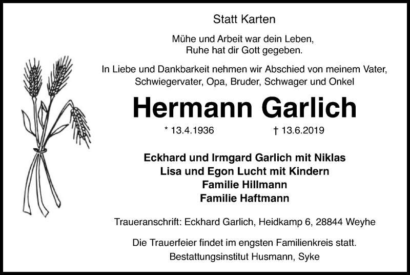 Traueranzeige für Hermann Garlich vom 15.06.2019 aus SYK