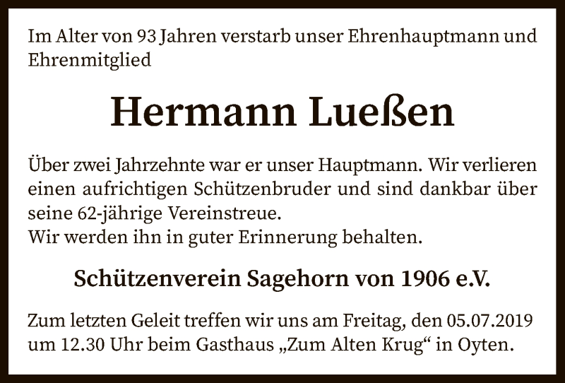  Traueranzeige für Hermann Lueßen vom 29.06.2019 aus SYK
