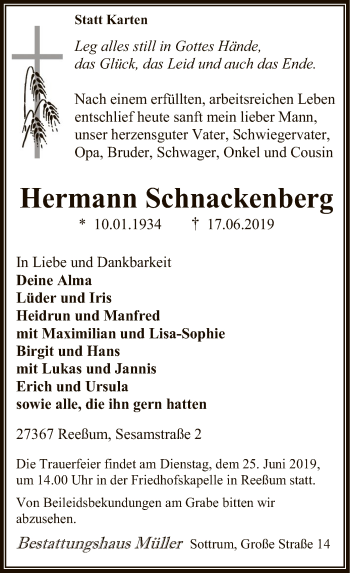 Traueranzeige von Hermann Schnackenberg von SYK