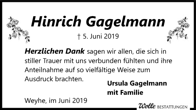  Traueranzeige für Hinrich Gagelmann vom 29.06.2019 aus SYK