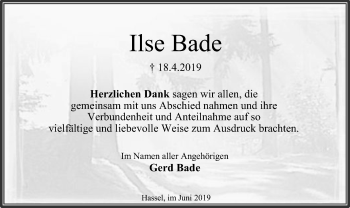 Traueranzeige von Ilse Bade von SYK