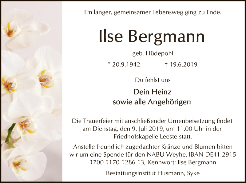  Traueranzeige für Ilse Bergmann vom 29.06.2019 aus SYK