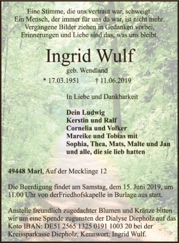 Traueranzeige von Ingrid Wulf von SYK