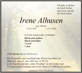 Traueranzeige von Irene Alhusen von SYK