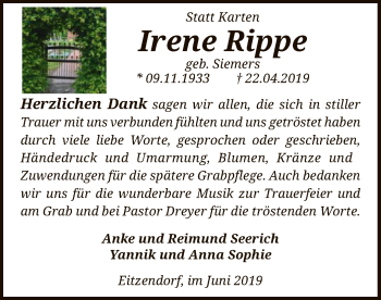 Traueranzeige von Irene Rippe von SYK