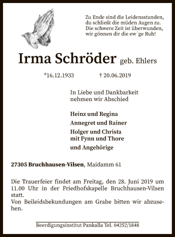 Traueranzeige von Irma Schröder von SYK