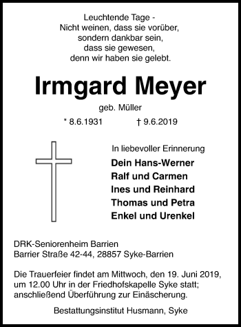 Traueranzeige von Irmgard Meyer von SYK