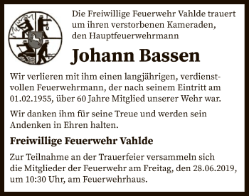 Traueranzeige von Johann Bassen von SYK