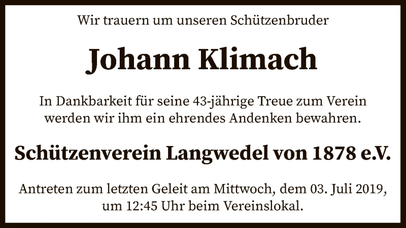  Traueranzeige für Johann Klimach vom 22.06.2019 aus SYK
