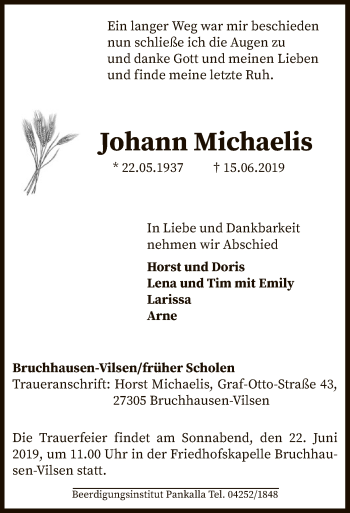 Traueranzeige von Johann Michaelis von SYK