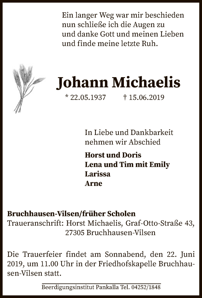  Traueranzeige für Johann Michaelis vom 18.06.2019 aus SYK
