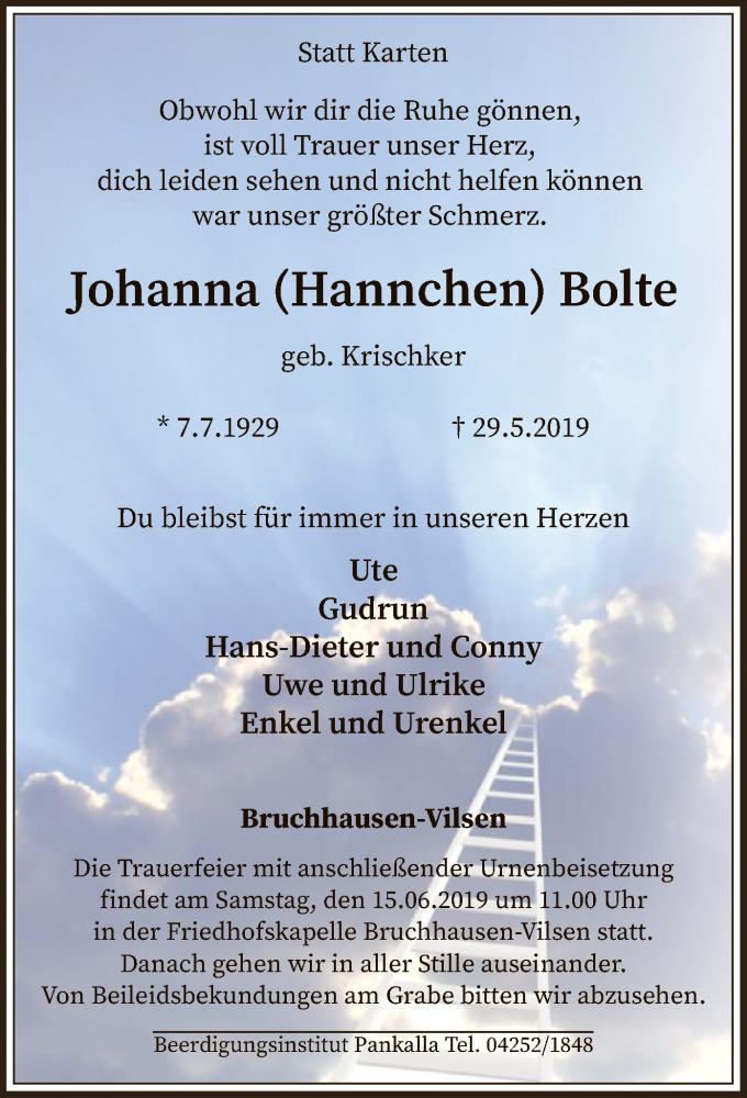  Traueranzeige für Johanna Bolte vom 08.06.2019 aus SYK