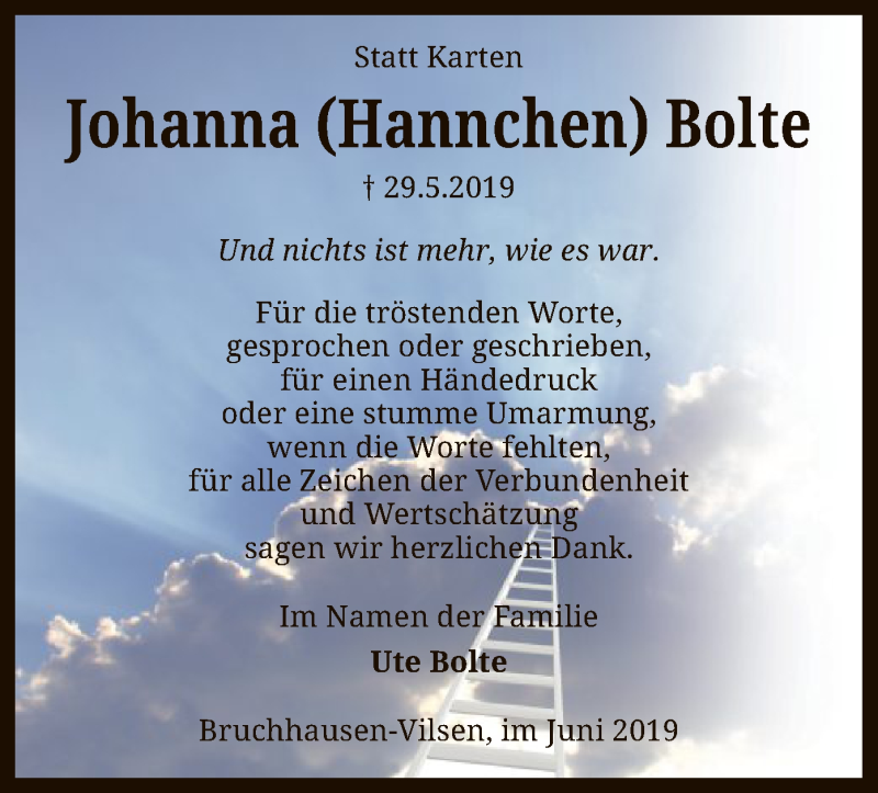  Traueranzeige für Johanna Bolte vom 29.06.2019 aus SYK