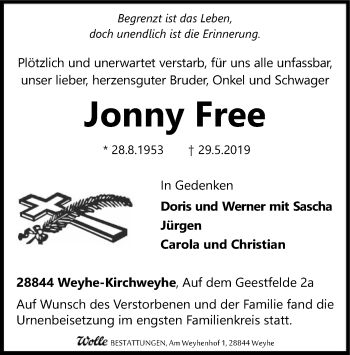 Traueranzeige von Jonny Free von SYK