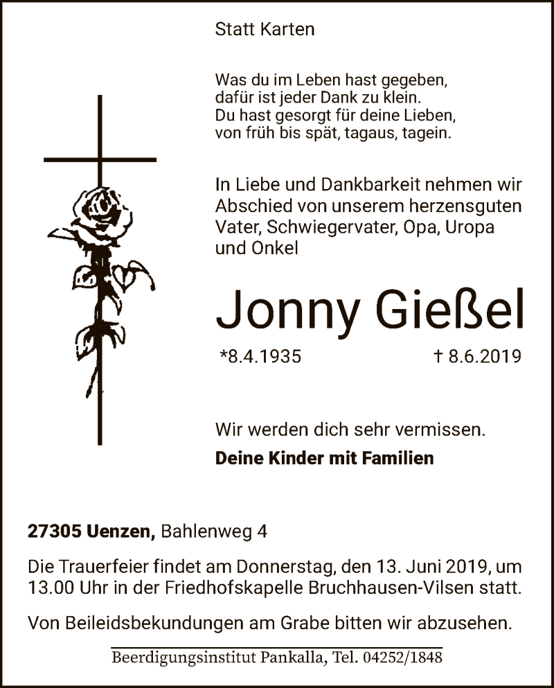  Traueranzeige für Jonny Gießel vom 11.06.2019 aus SYK