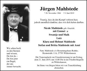 Traueranzeige von Jürgen Mahlstede von SYK