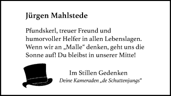Traueranzeige von Jürgen Mahlstede von SYK