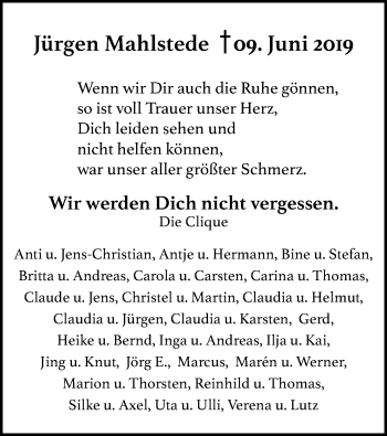 Traueranzeige von Jürgen Mahlstede von SYK